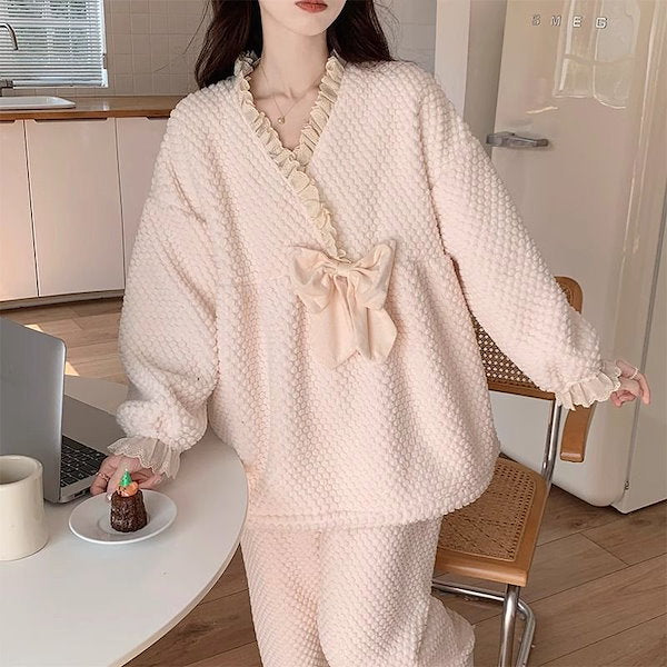 Ladies Coral Fleece Pyjamas  Autumn/Winter Thick Padded Warm Sweet Lace Suit Winter-Various Colours