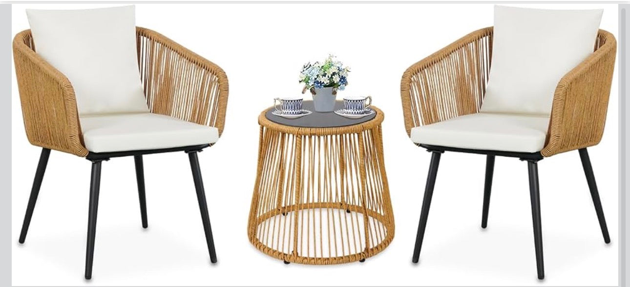 MFURN Caleb 3Piece Patio Bistro Set, Wicker Outdoor Patio Set with Enhanced Comfort Seating, Round Glass Top Coffee Side Table, Patio Rattan Conversation Set for Balcony, Lawn, Garden, Backyard