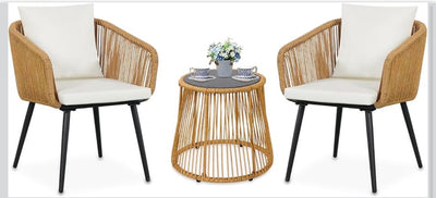 MFURN Caleb 3Piece Patio Bistro Set, Wicker Outdoor Patio Set with Enhanced Comfort Seating, Round Glass Top Coffee Side Table, Patio Rattan Conversation Set for Balcony, Lawn, Garden, Backyard