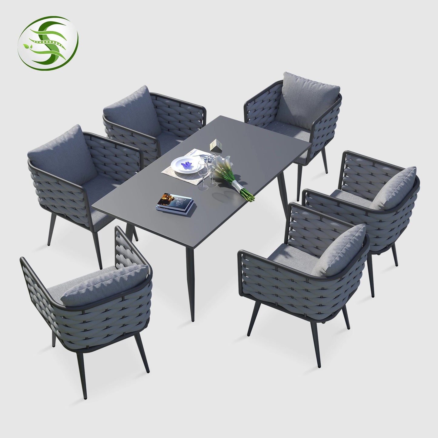 Modern Garden Outdoor Leisure Rope Woven Patio Dining Table + Chair With Aluminium Fame 7pc Set