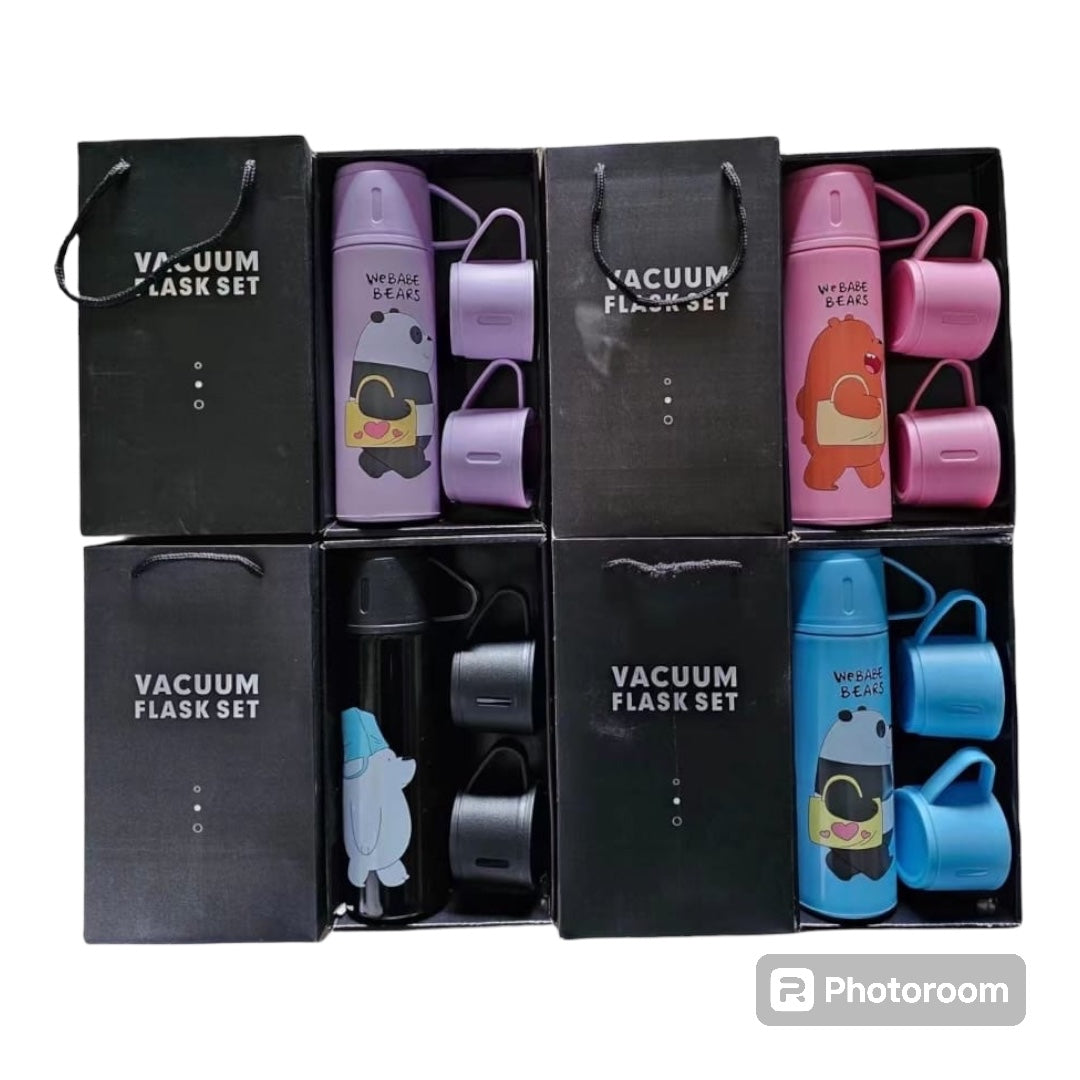 Animated 500ml Insulated Vacuum Flask with 3 Mugs Set - Various Colours