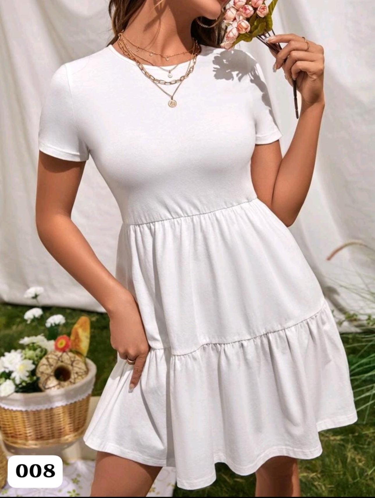 Summer Sexy Mini Short Dresses for Women Ruffle Hem Solid Short Dress Round Neck High Waist