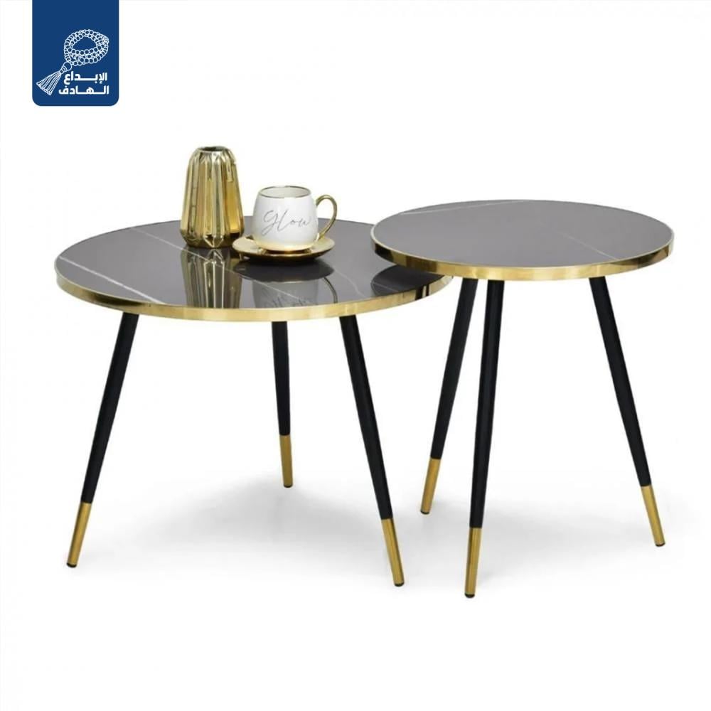 MFurn 2pc Round Modern Coffee Table Set – Black/White with Gold Trim