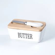 MHome Ceramic Butter Dish With Bamboo Wooden Lid & Butter Knife-Various Colours