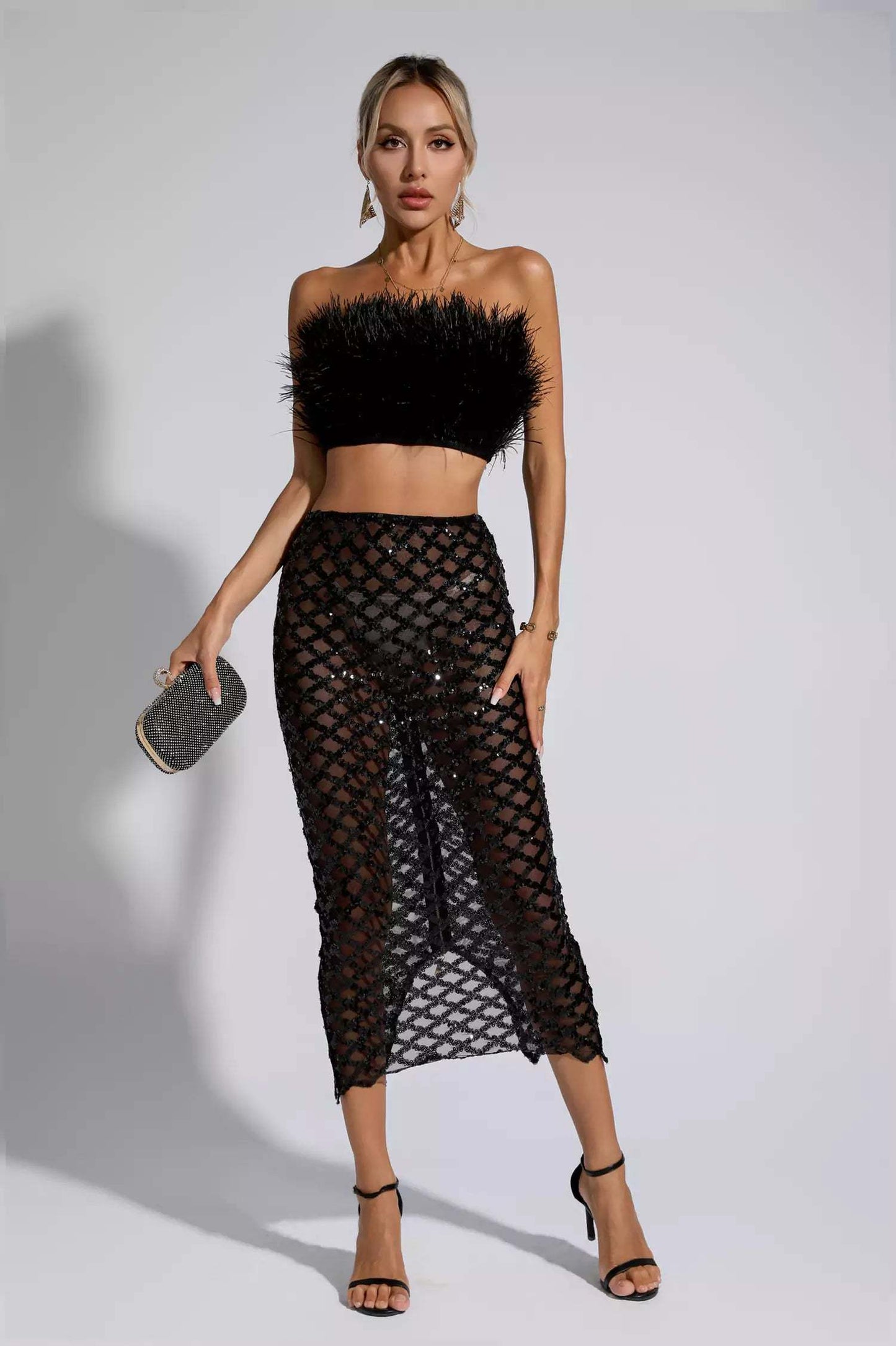 Women New Fashionable Sleeveless Sexy Crop Top And Faux Fur Skirt 2 Pieces Set, Suitable For Banquet Parties-Various Colours