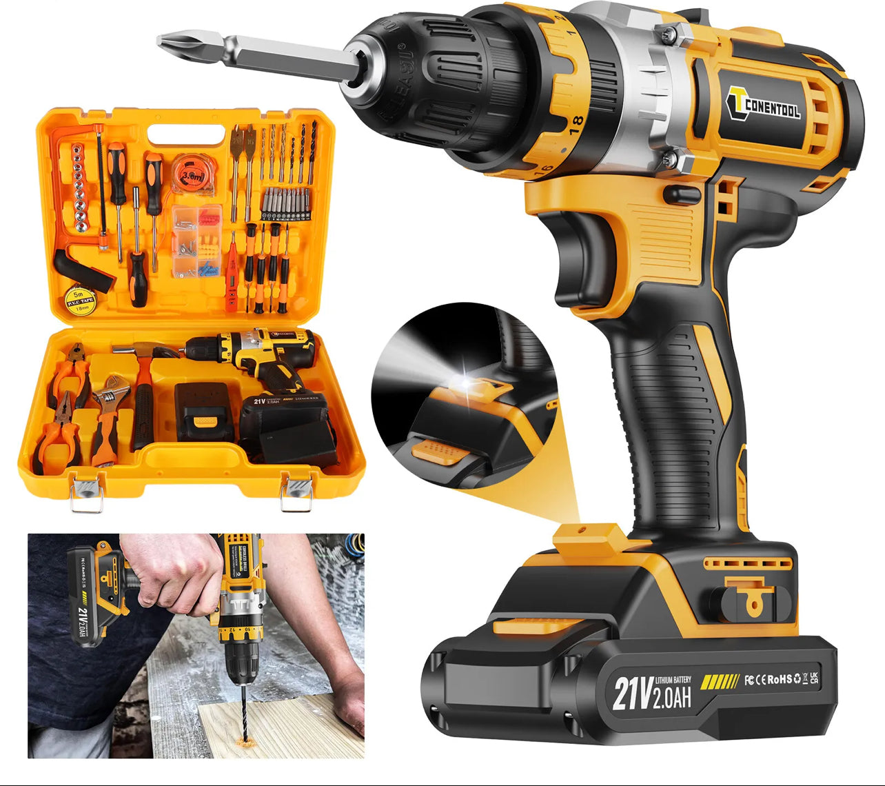 Cordless Electric Drill Inc 2 X Battery & Charger + 43pc Set Various Tools