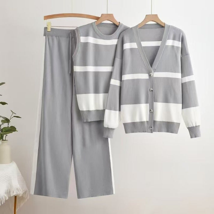Women Striped Vest,Button Cardigan & Wide-Leg Pants,3pc Set-Various Colours