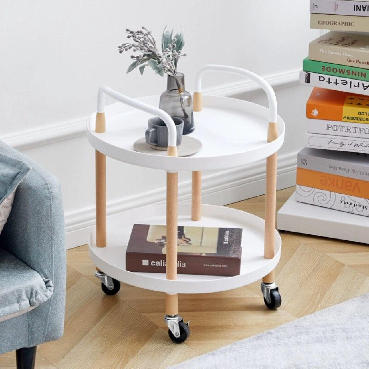 New Elements 2-Tier Rolling Corner Table Trolley with Handles