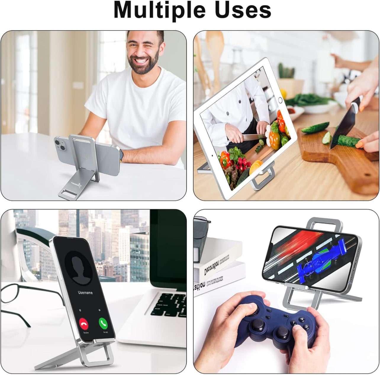 Portable Folding Phone Stand, Aluminum Desk Mobile Phone Stand, Lightweight Phone Bracket for Travel, Foldable Cell Phone Stand, Compatible with iPhone, iPad, All Android Smartphone | Silver