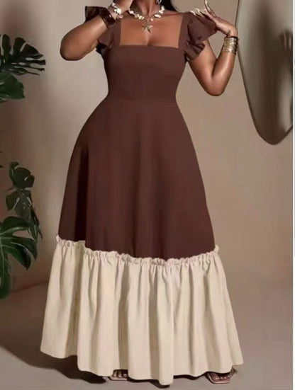 Ladies Two-Tone Ruffle-Sleeve Tiered Maxi Dress-Various Colours