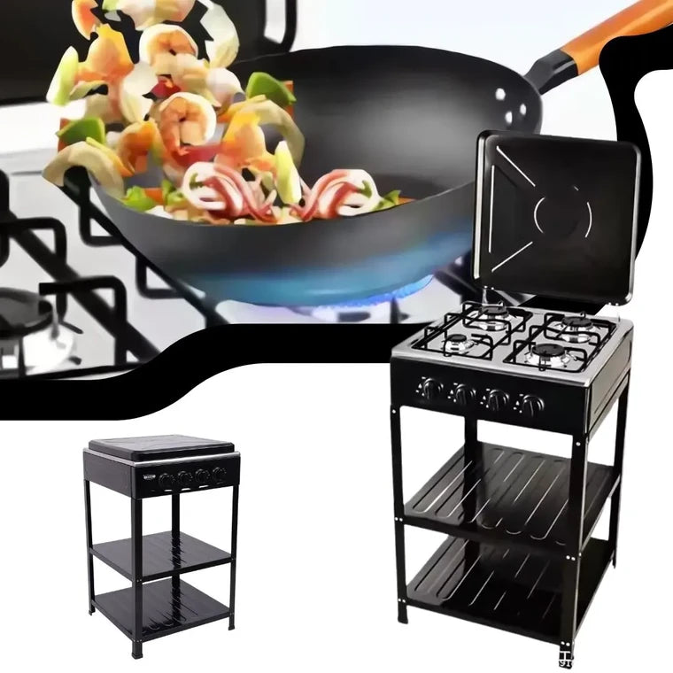 MHome Boko 4-Burner Gas Stove with Storage Shelves – Stainless Steel & Portable
