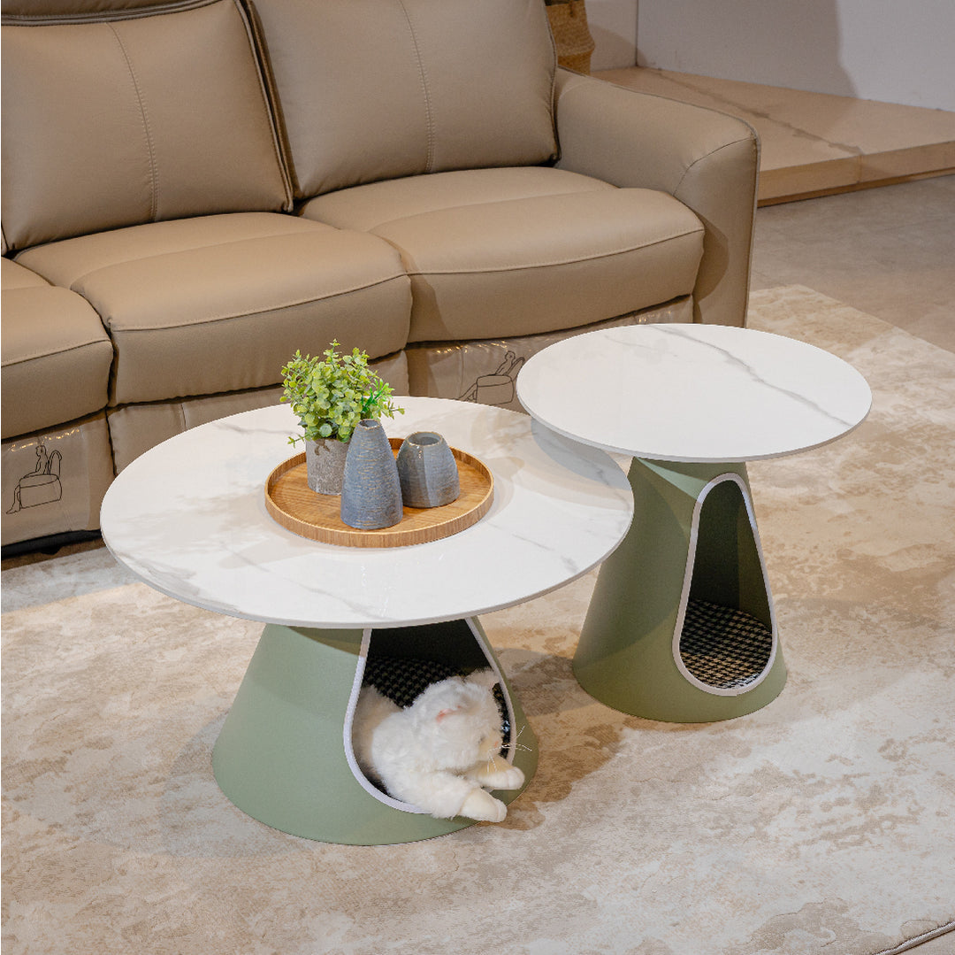 MFURN Modern Minimalist Round Stone Slab Iron Coffee Table 2-Tier For Living Room