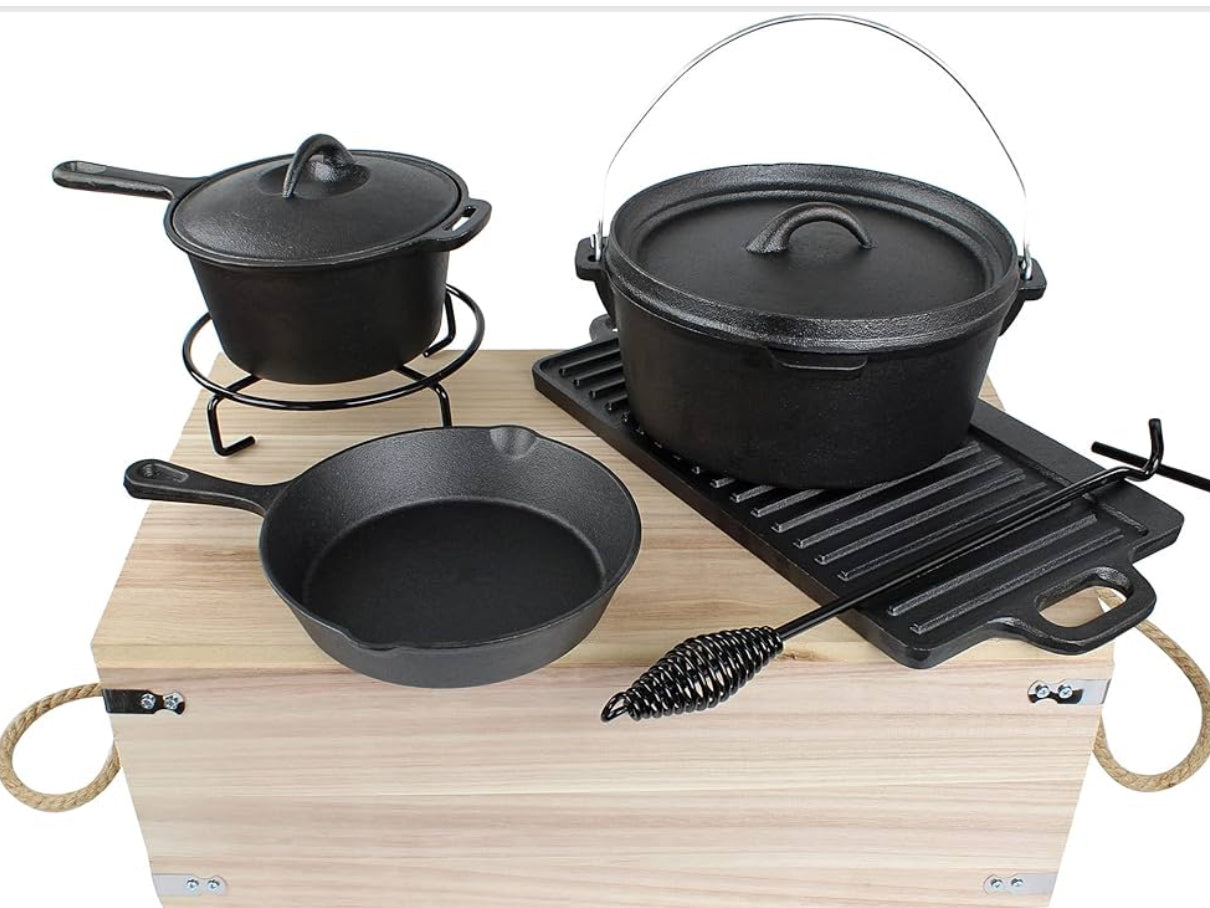 MHome 7 Piece Heavy Duty Cast Iron Dutch Oven Camping Cooking Set