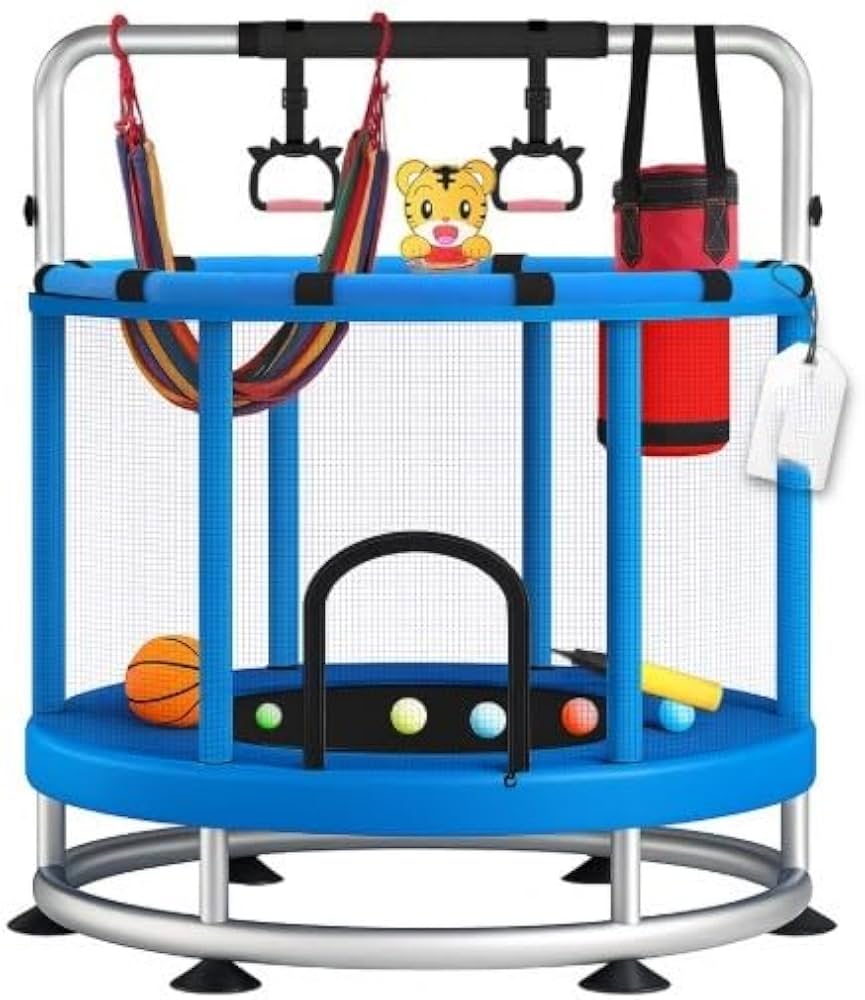 Trampoline for Kids with Enclosure, Gymnastics Bar & Toy, 140cm