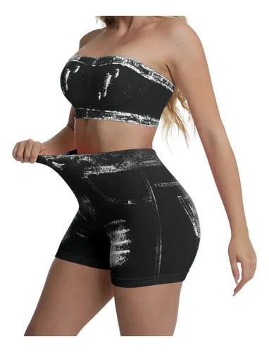 Ladies Two Piece Sets Denim Print Strapless Tops High Waist Tummy Control Biker Shorts Trendy Bodycon Matching Outfits-Various Options
