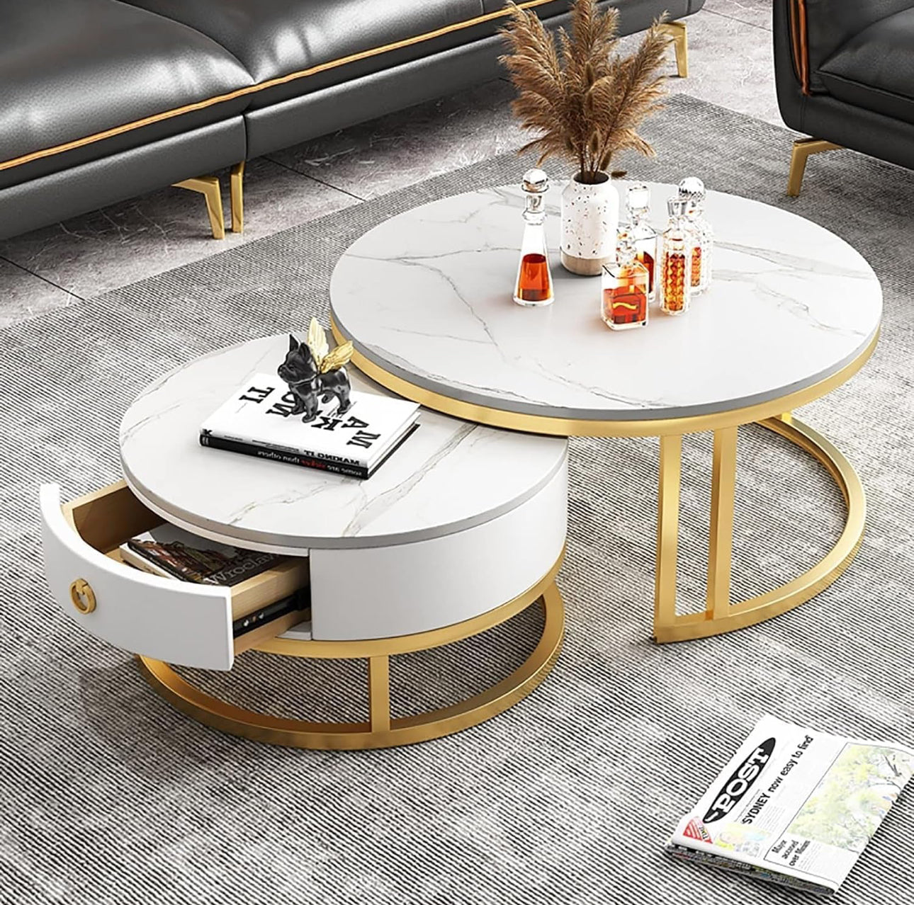 MFURN 2pc Nesting Modern Table Set – Marble Look with Storage Drawer