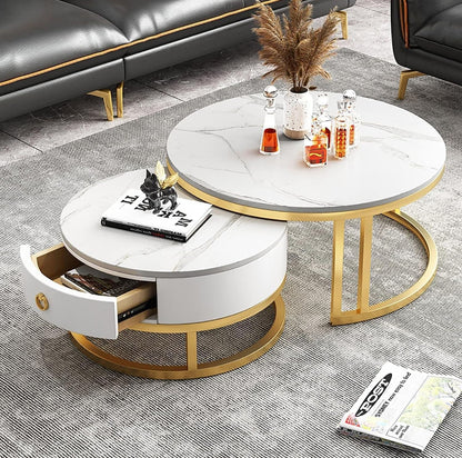 MFURN 2pc Nesting Modern Table Set – Marble Look with Storage Drawer