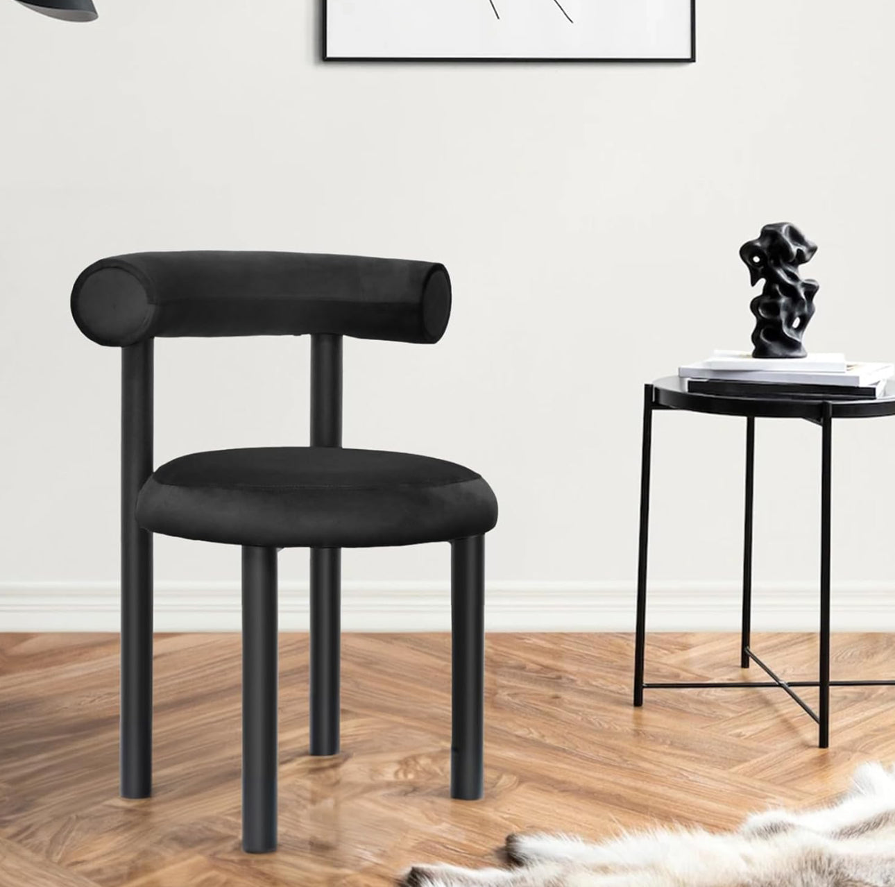 MHome Velvet Dining Chair, Modern Sherpa Kitchen Chairs with Metal Legs, Curved Backrest Chairs For Living Room- Available in Black or White