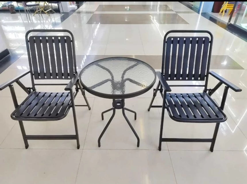 MFurn Dwight 3-Piece Outdoor Bistro Patio Set – Metal & Glass Table with 2 Chairs (Black)