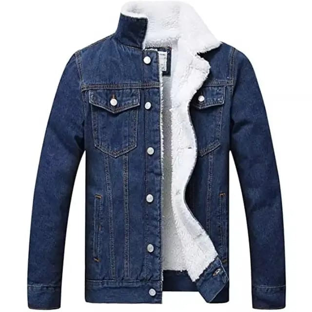 Casual Classic Denim Fleece Lined Jacket for Men ( Blue )