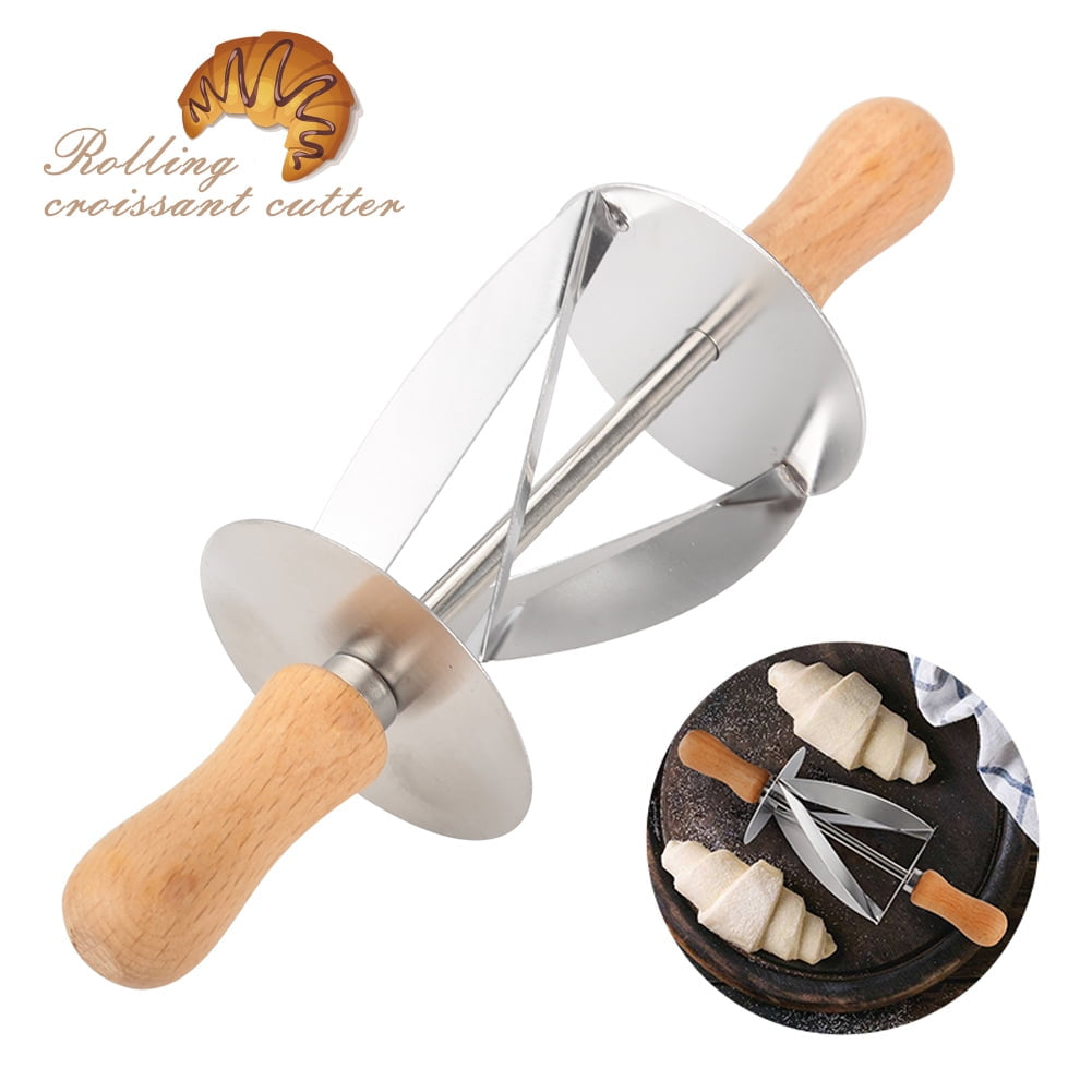 MHome Stainless Steel Croissant Rolling Cutter Bread Dough Pastry Making Tool with Wooden Handle