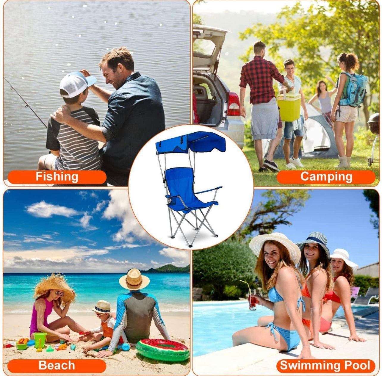Folding Camping Chair with Shadow Sky, Portable Beach Outdoor Fishing Aluminum with Sun Protection and Carry Bag, Garden Chair for Beach, Pool, Garden, Blue (Color : Blue) XL