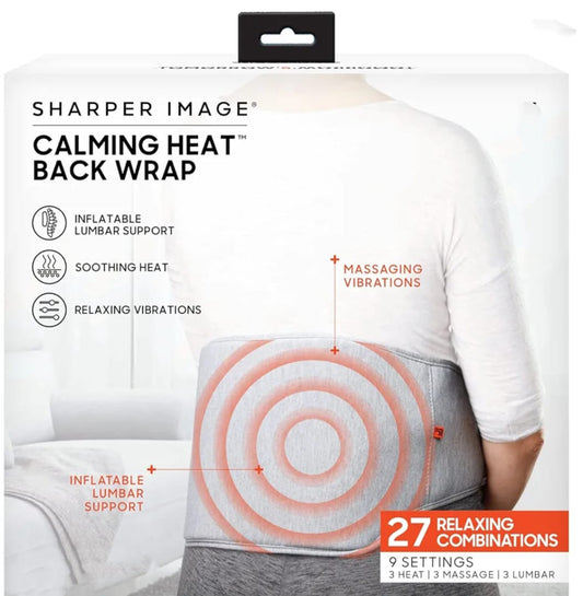 Calming Heat Back Wrap Deluxe by Sharper Image- Cordless Electric Back Heating Pad, Inflatable Lumbar, Soothing Heat & Vibration- 27 Settings 3 Heat, 9 Vibration, 3 Lumbar Includes Portable Power Pack
