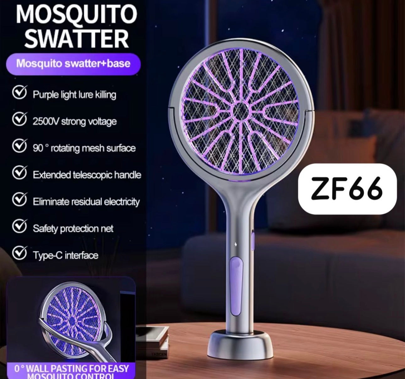 MHome 2 in 1 Rotating Head Electric Fly Swatter, Fly Zapper Racket Rechargeable with a Telescopic Extension, Handy Flies Killer Mosquito Bug Zapper for Indoor and Outdoor