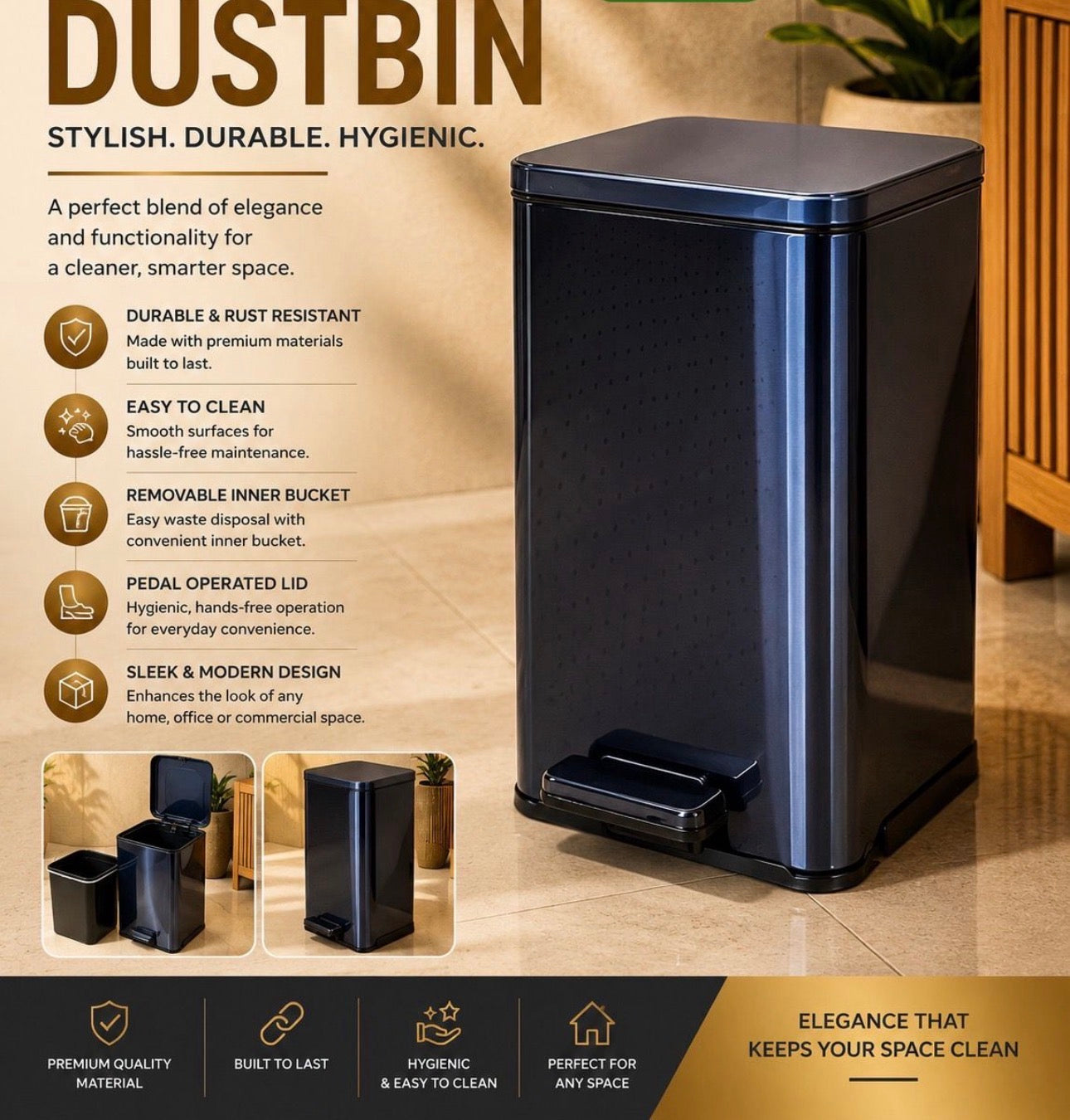 MHome Rectangular DustBin- Various Colours