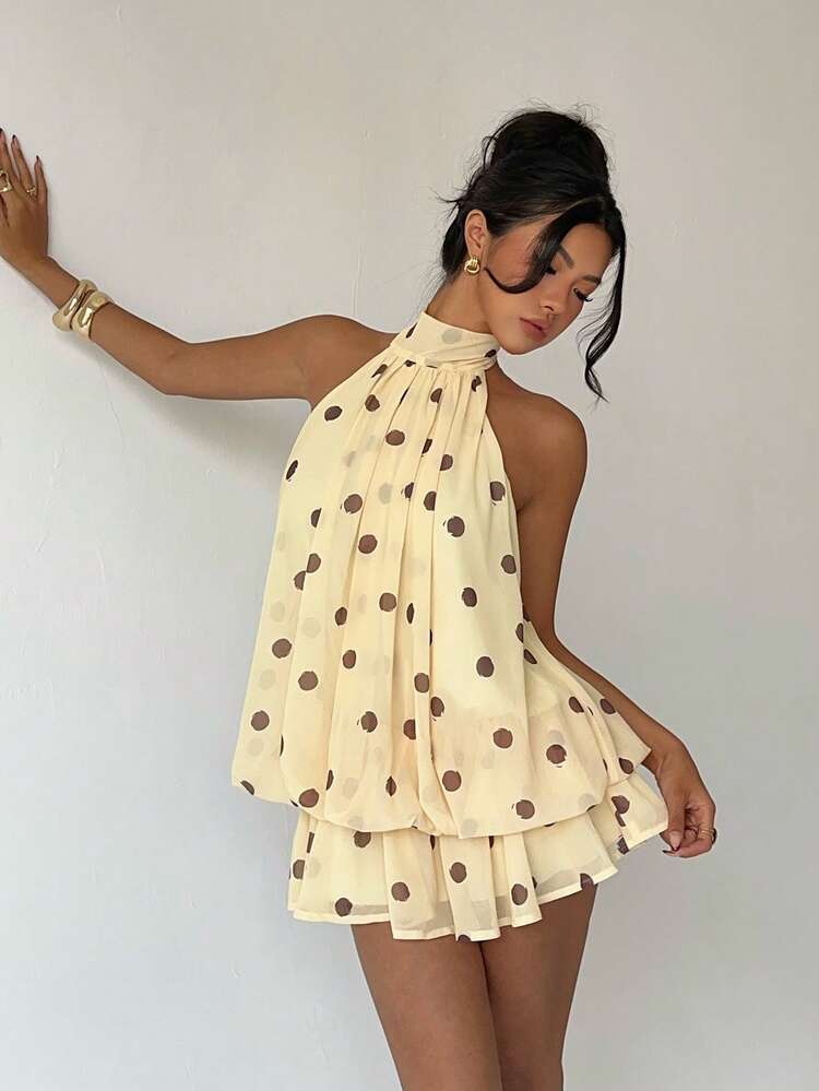 Ladies Summer Halter Neck Polka Backless Mini Dress-Various Colours
