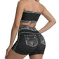 Ladies Two Piece Sets Denim Print Strapless Tops High Waist Tummy Control Biker Shorts Trendy Bodycon Matching Outfits-Various Options