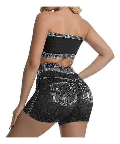 Ladies Two Piece Sets Denim Print Strapless Tops High Waist Tummy Control Biker Shorts Trendy Bodycon Matching Outfits-Various Options