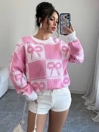 Ladies Coquette-Aesthetic Checkered Bow Knit Sweater-Various Colours
