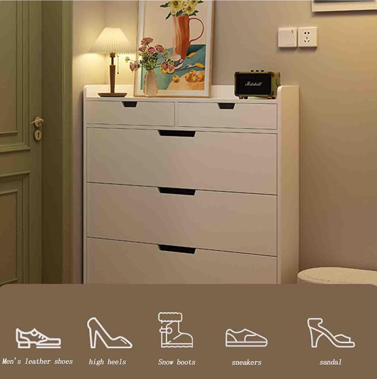MFurn Wood Shoe Cabinet with 3 Flaps, 2 Drawers, Narrow Shoe Chest of Drawers with 3 Deep Compartments