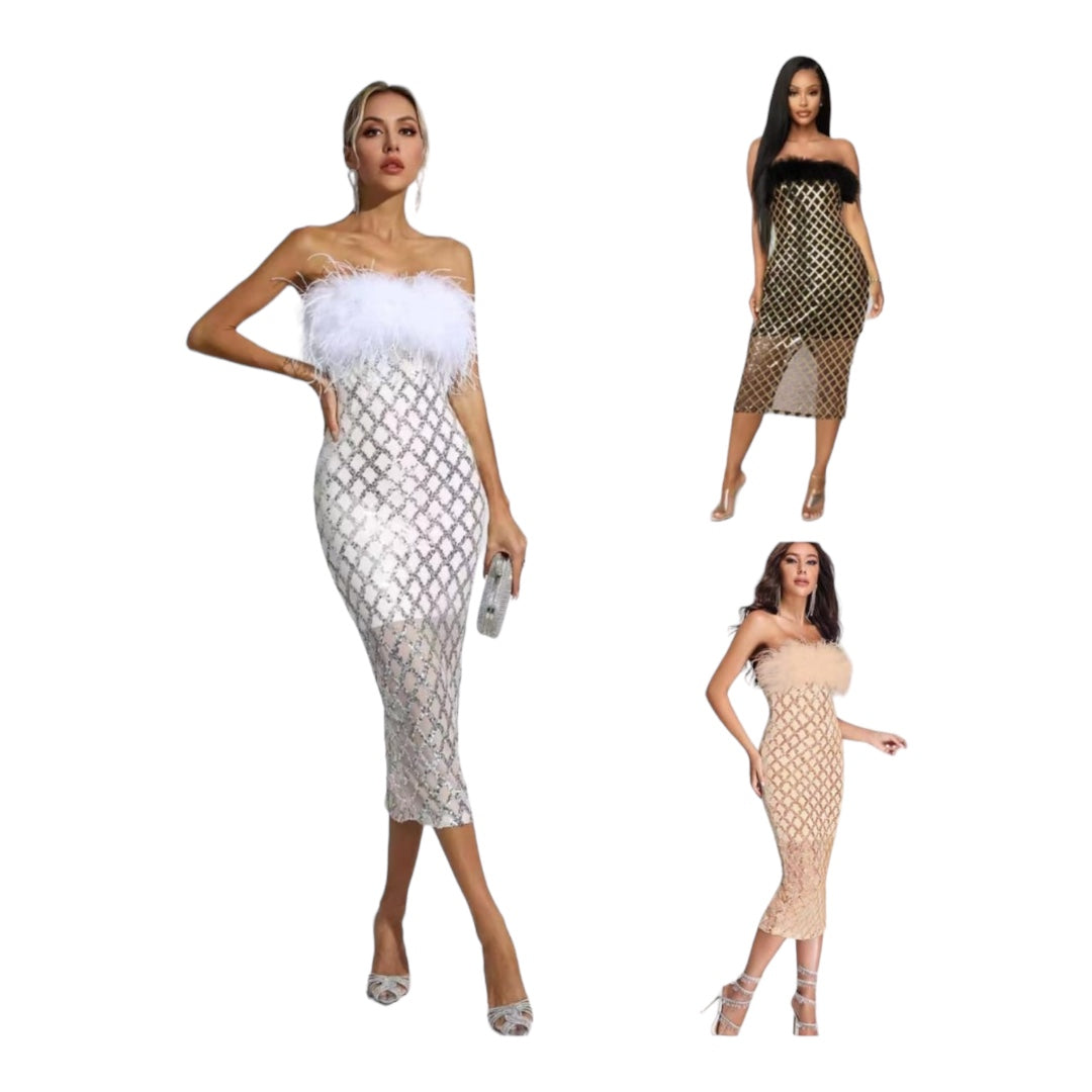 Feather Sequin Midi Sexy Dress - Various Colours
