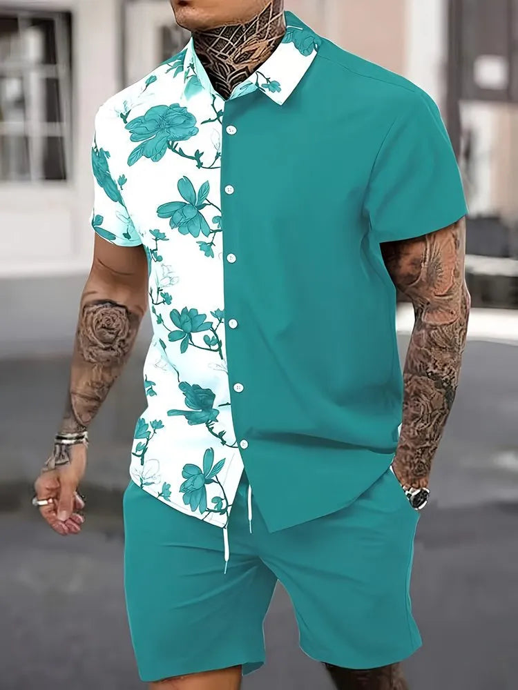 GORGLITTER Men's 2 Piece Outfits Floral Colorblock Button Down Shirt and Drawstring Boho Beach Shorts Set