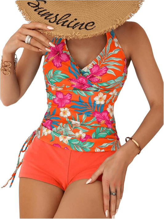Women's Beachwear Floral Print Tankini Bathing Suits Swim Tank Top with Boy Shorts Two Piece Swimsuit