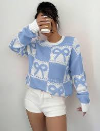 Ladies Coquette-Aesthetic Checkered Bow Knit Sweater-Various Colours
