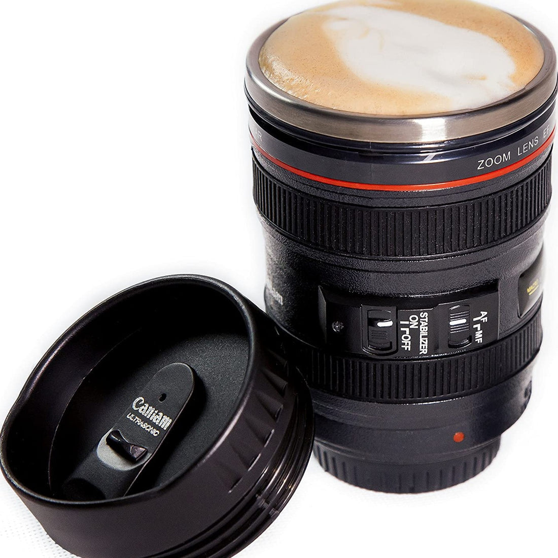 Camera Lens Coffee Mug | Steel Insulated Travel Tea Cup, Thermos Flask 400 ML, Black.