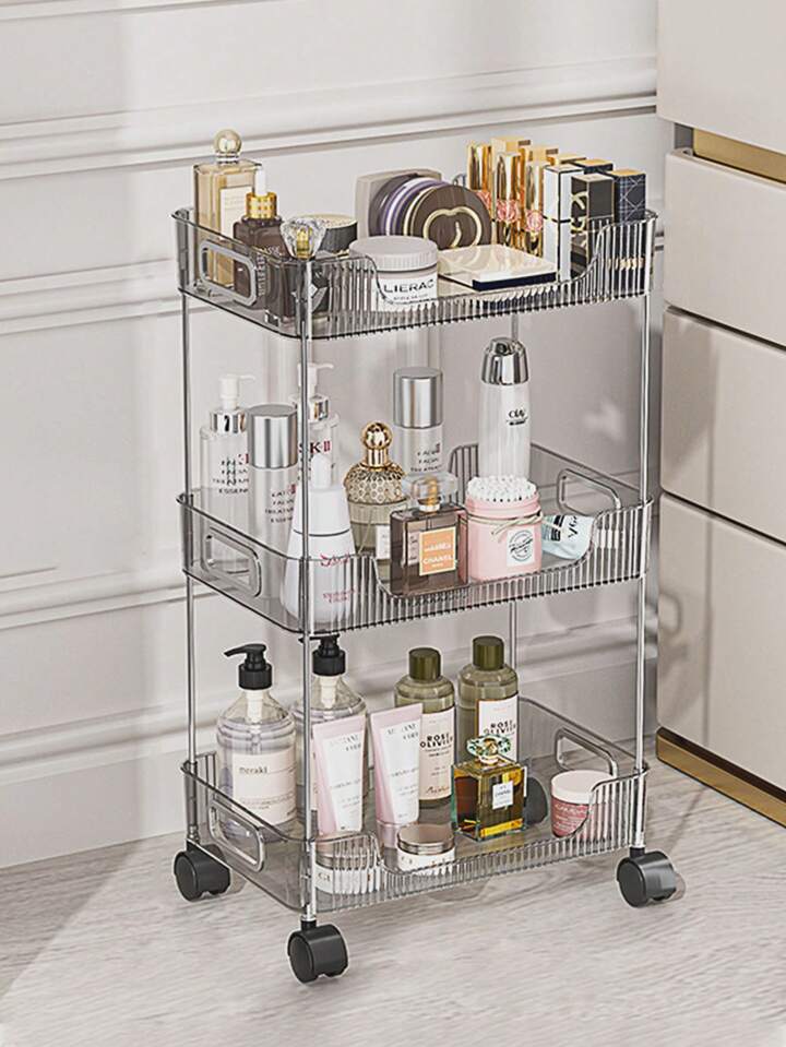 Transparent Rolling Utility Cart With Handle, Multifunctional Plastic Trolley, Bathroom Multi-layer Storage Rack, Bathroom Shelves With Wheels, Cosmetic Cart.