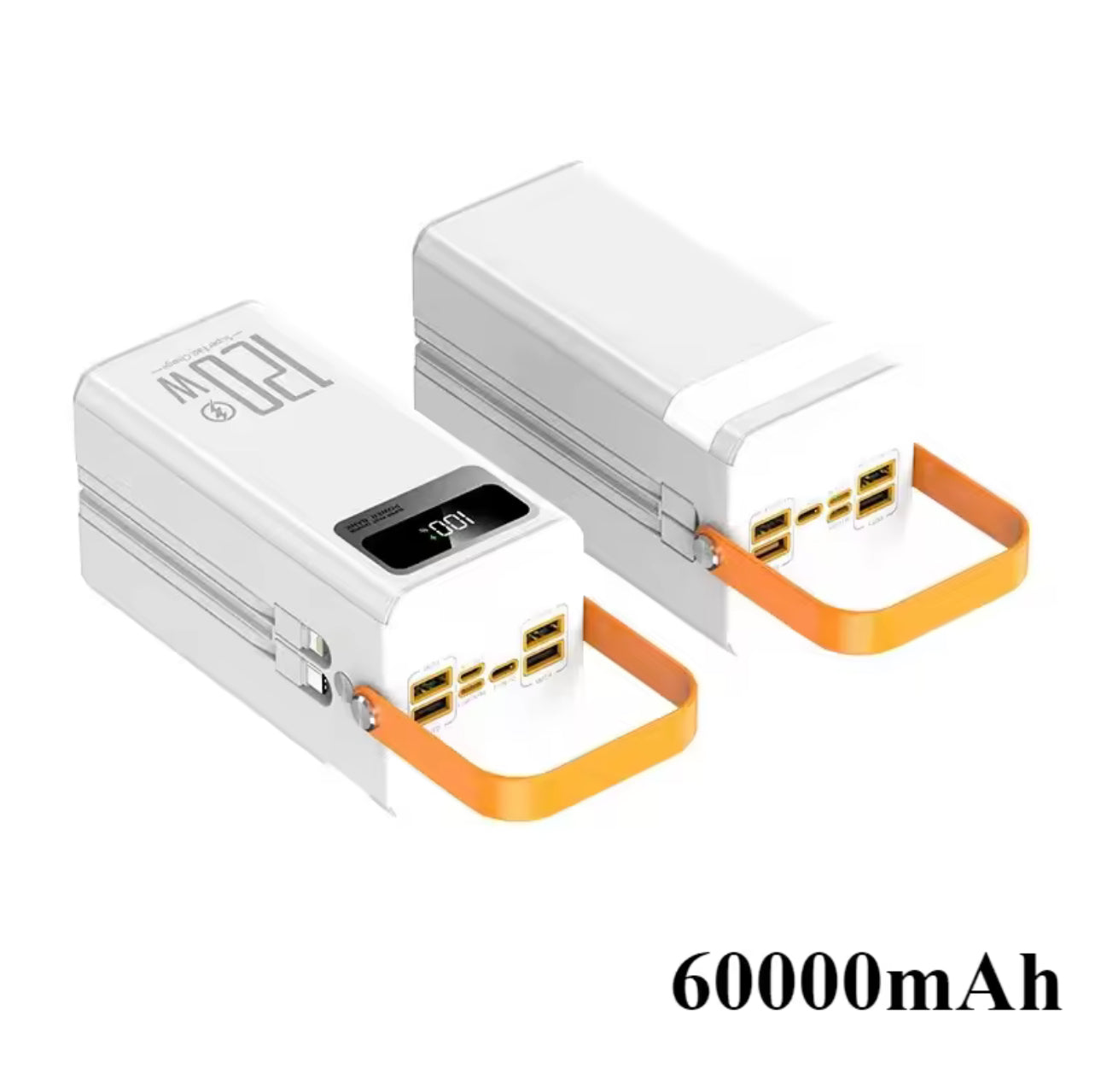 MTech 120W 60000mAh  Power Bank with Built-in Cables | LED Camping Light | 4 USB + Type-C + Lightning + Micro | Black & White