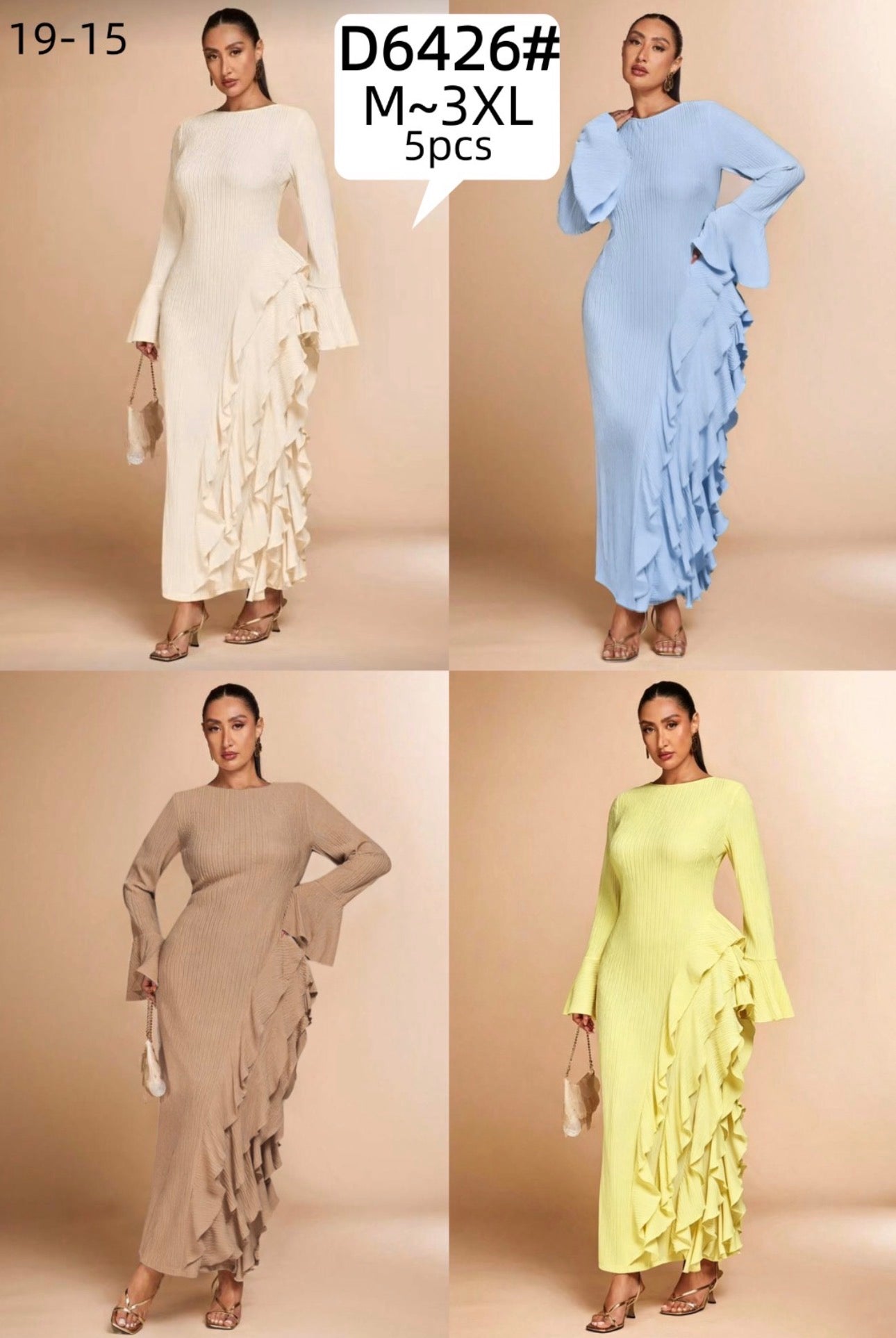 Ladies Elegant Long-Sleeved Ribbed Maxi Dress-Various Colours