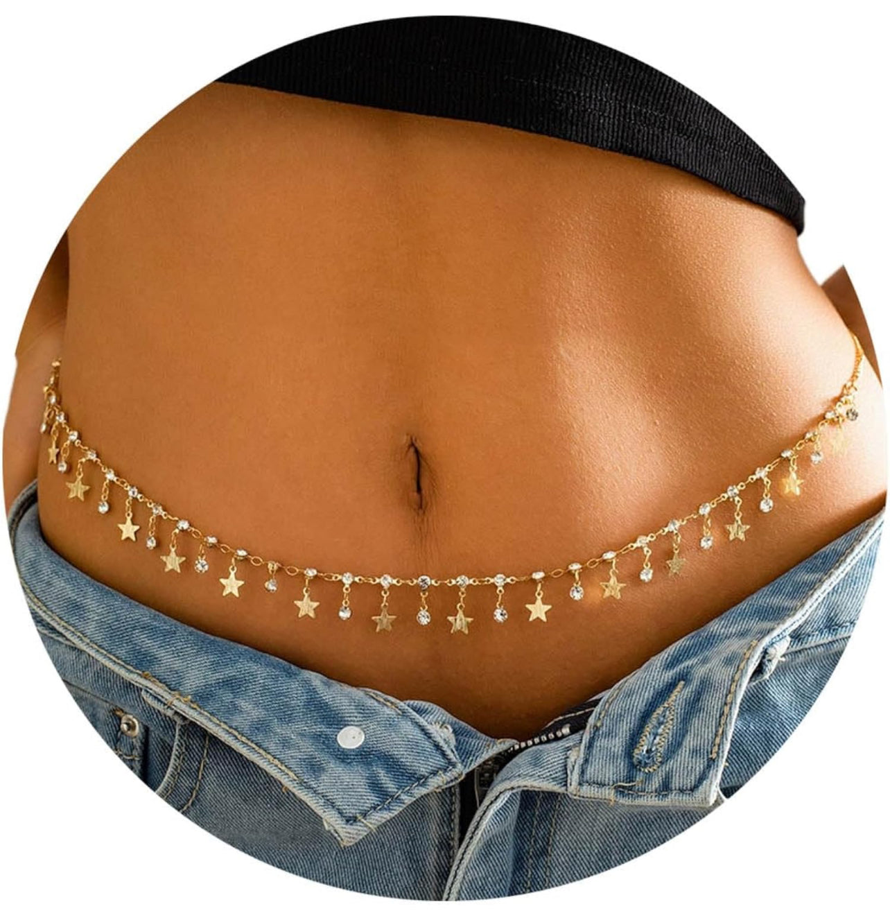 Rhinestone Belly Chain Gold Body Chains for Women Star Waist Chain Crystal Belly Chains for the Waist Star Pendant Body Jewelry Beach Bikini Waist Chains Accessories for Party Prom Concert