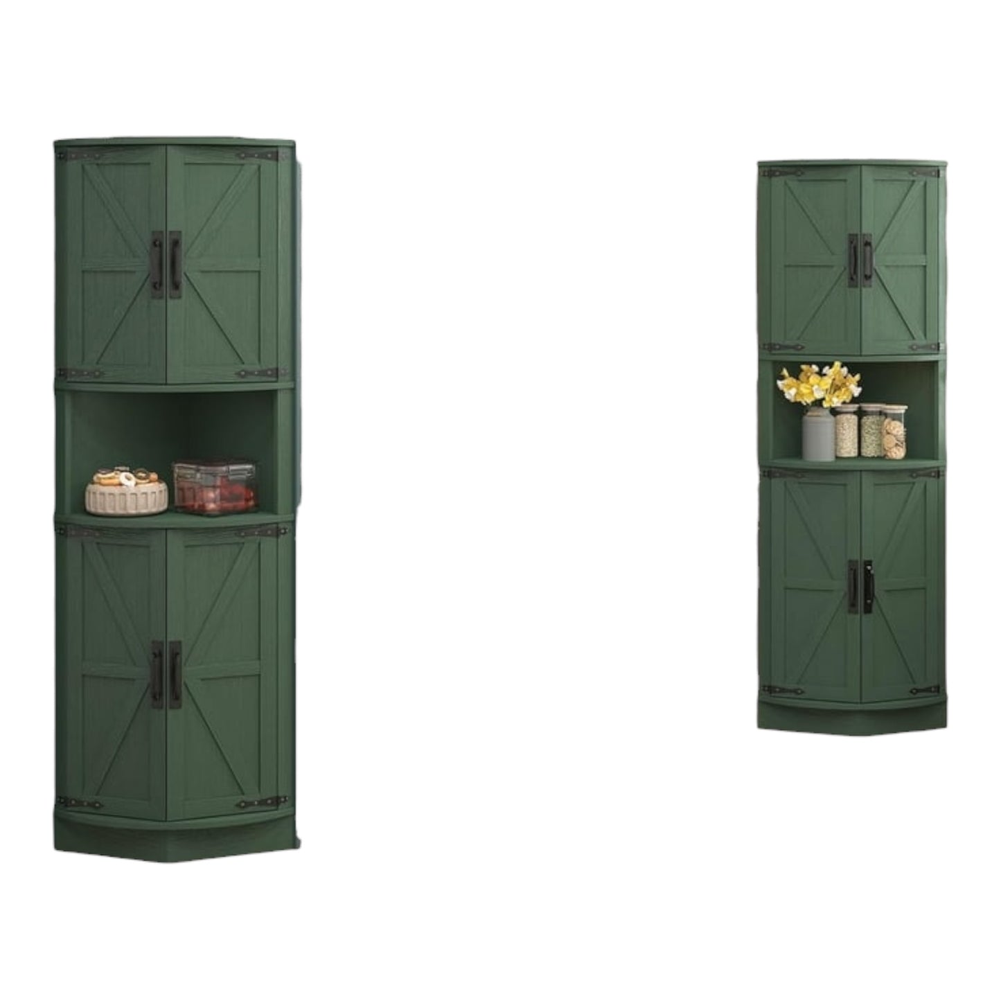 MFurn Farmhouse Storage Corner Cabinet with 4 Barn Style Doors and 5 Storage Shelves, Corner Storage Cabinet for Kitchen, Living Room-Various Colours-Pre-Order Now Available