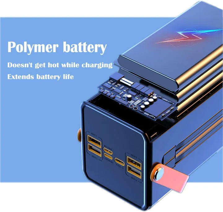 MTech 120W 60000mAh  Power Bank with Built-in Cables | LED Camping Light | 4 USB + Type-C + Lightning + Micro | Black & White