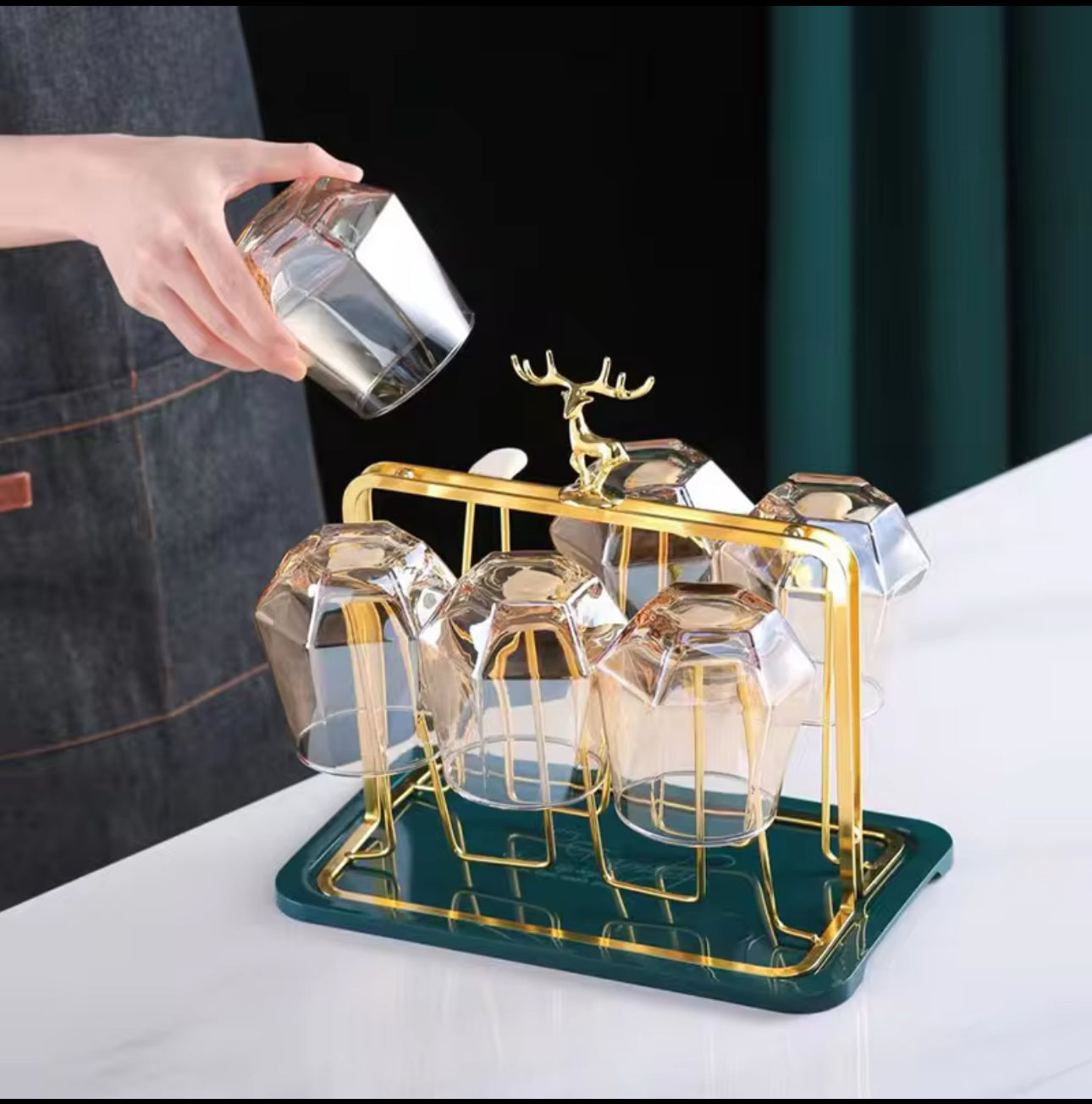 Amber Color Cup Set Golden Mug Holder Green Tray Kitchen Living Room Storage Rack Mug for Coffee Cups Cups and Mugs Drinkware