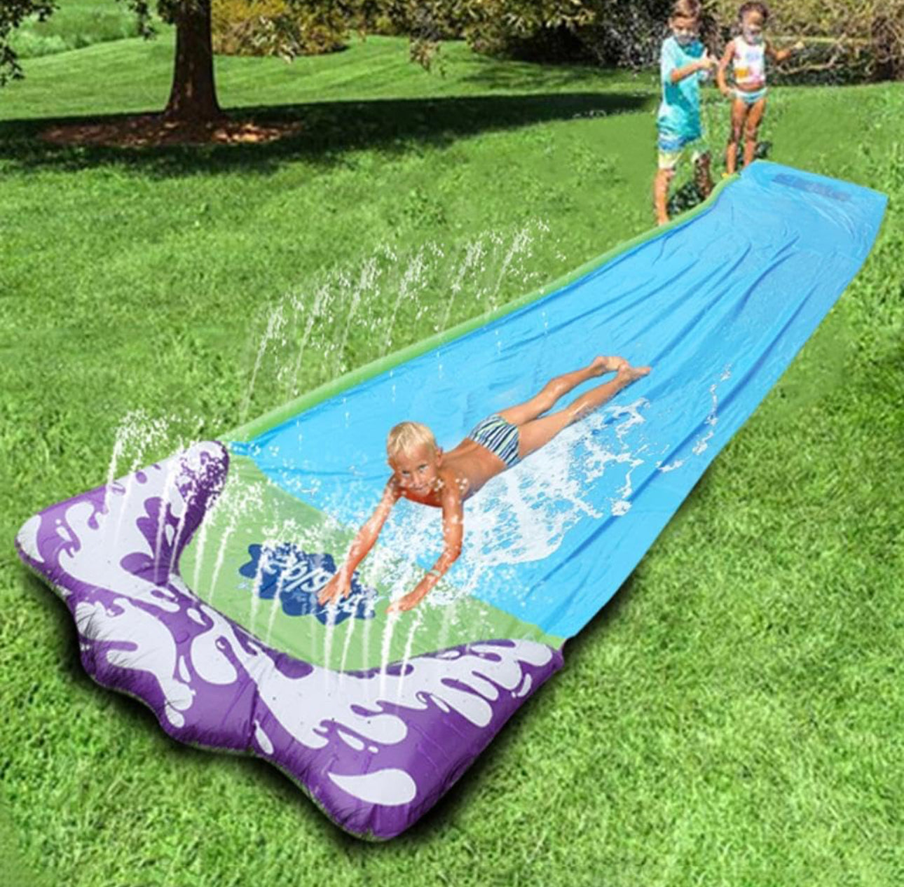 Kids Lawn Water Slides with Splash Sprinkler & Inflatable Crash Pad 72x474cm