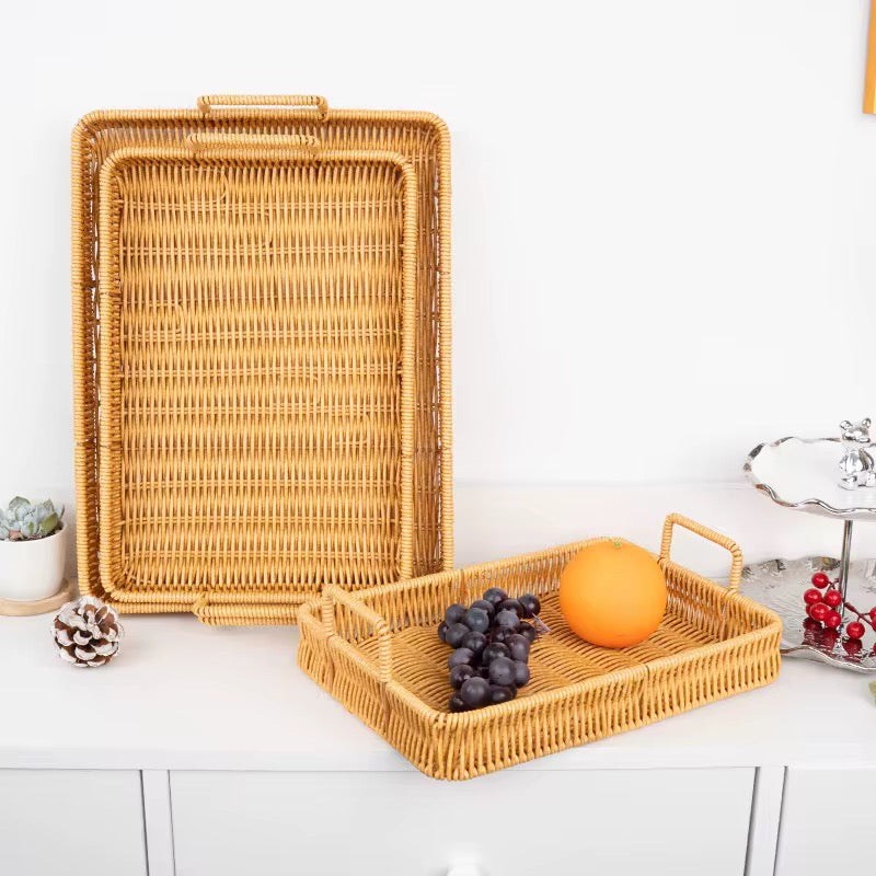 MHome  Kitchen Bread Serving Trays Unique Rectangular Woven Baskets for Fruit and Bread with Easy Carry Handle 3pc Set