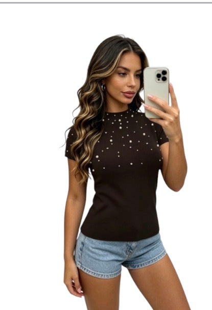 Ladies Pearl Embellished Short Sleeve Tops-Various Colours
