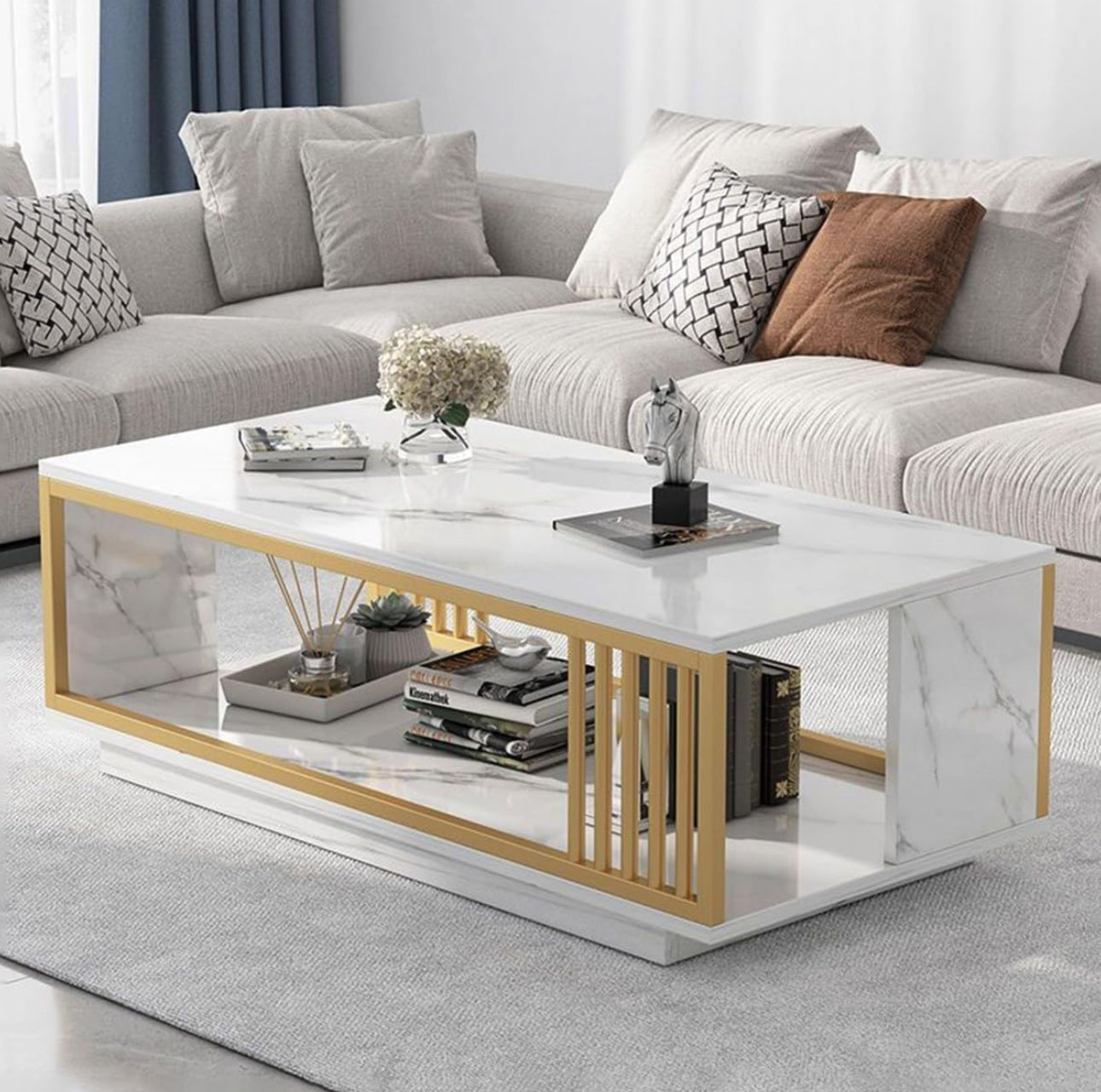 MFurn Nordic 2-Tier Storage End Table – Rectangular Coffee Table with Gold Frame